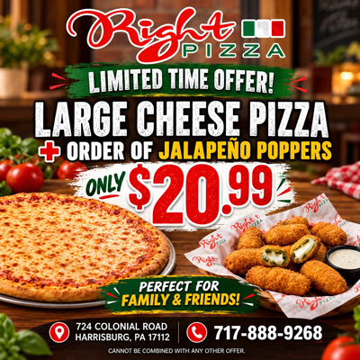 Cheese pizza and poppers special