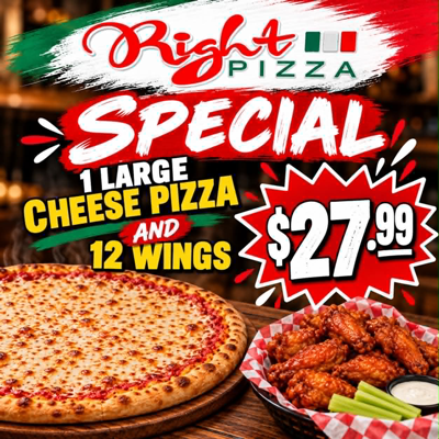 Cheese pizza and wings special