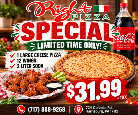Cheese pizza, wings, soda special