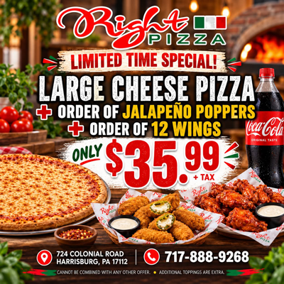 Cheese pizza, poppers, and wings special